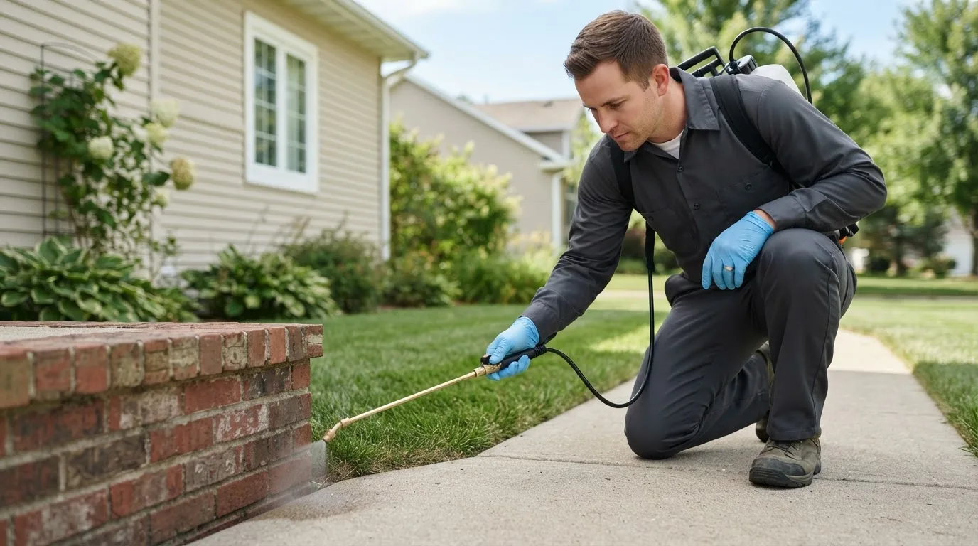 Pest control technician treating a home near Warren, MA