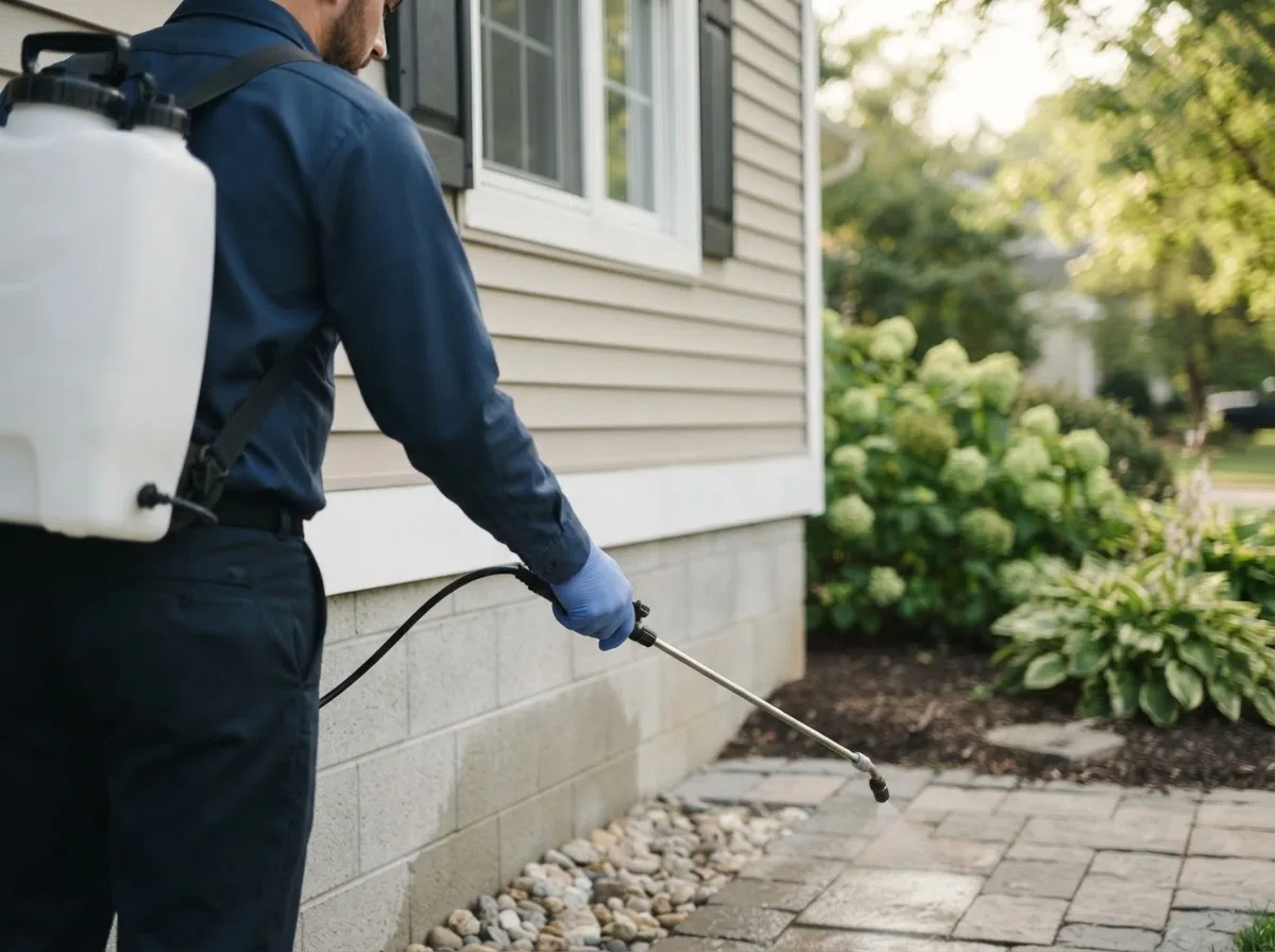 Pest control technician inspecting a home in Warren, MA